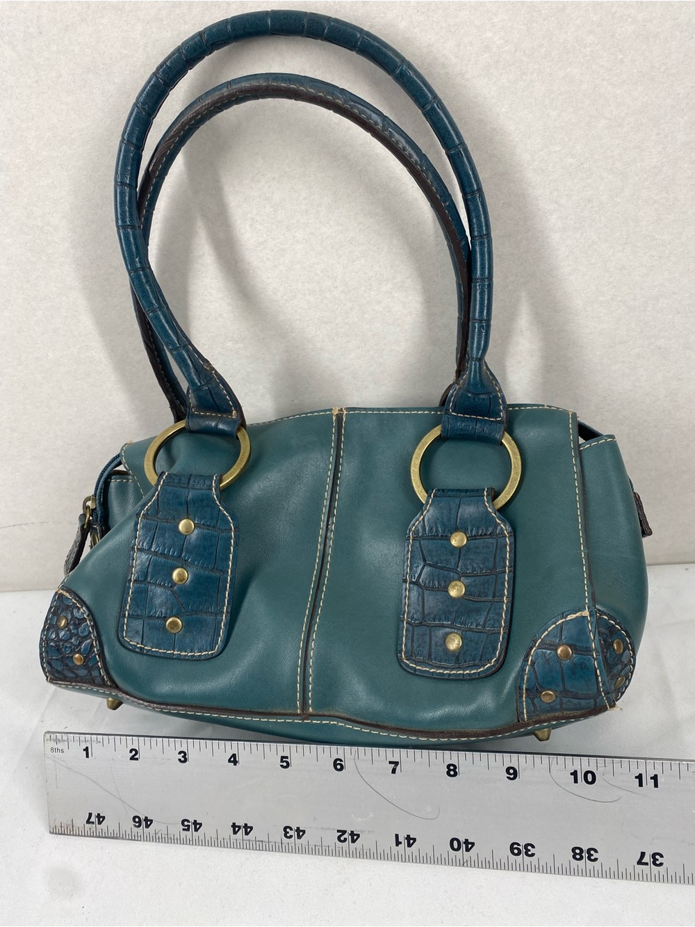 Teal Leather Barrel Tote with Gold Ring Handles - Picture 6 of 6